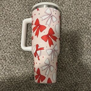 Red and White baseball Bow Patterned Travel Mug